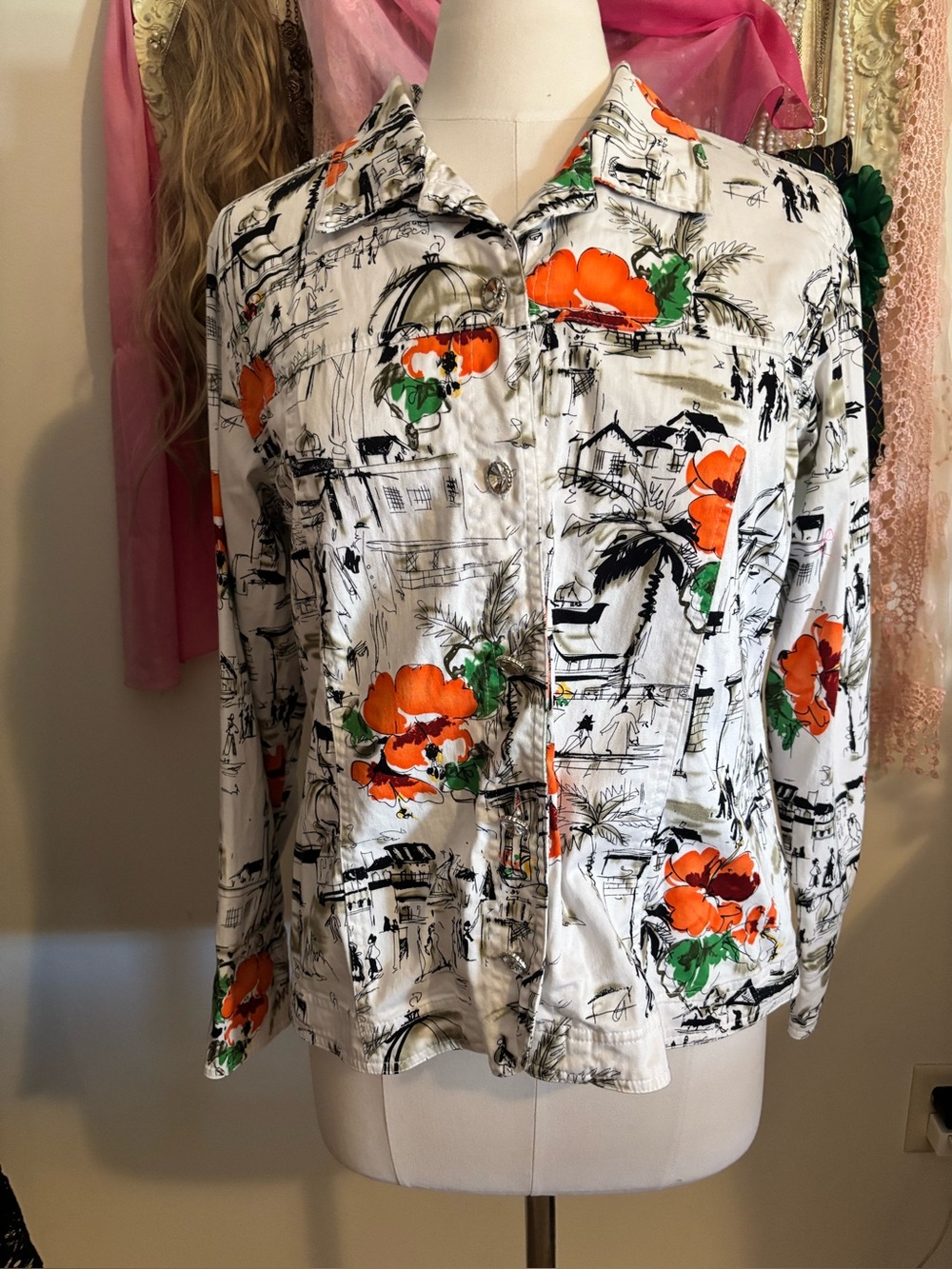 Susan Graver Novelty Resort Print Rhinestone Button Jacket M